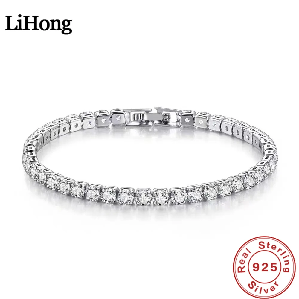 צמיד כסף סטרלינג S925 של Lihong עם זירקוניה, כדור טניס לנשים, אופנה פשוטה, אירוסין וחתונה, תכשיטי מזל 4mm 16-20cm