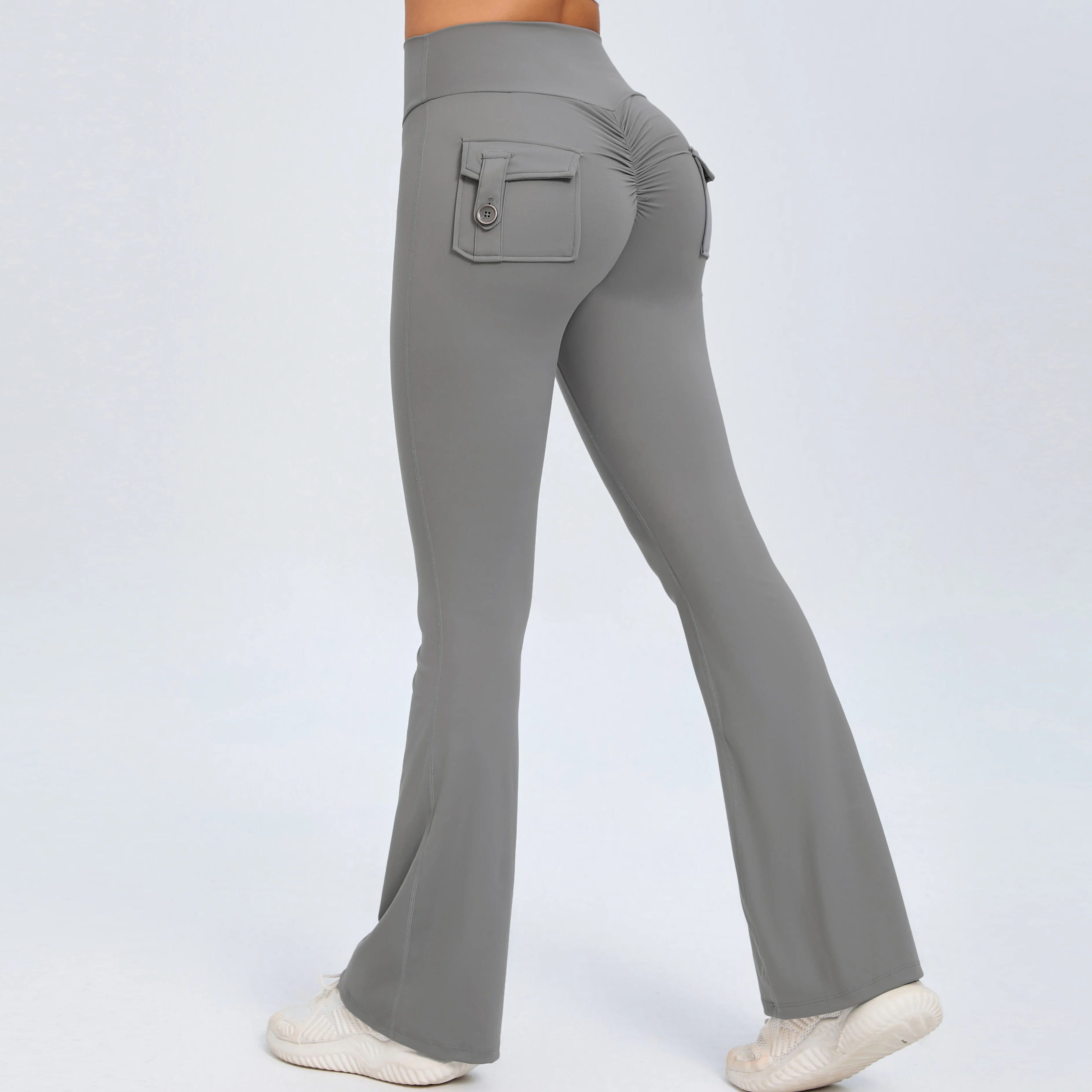 

Women's pocket button bottoms yoga high waisted hip lifting fitness pants quick drying running fitness gym Flare Leggings