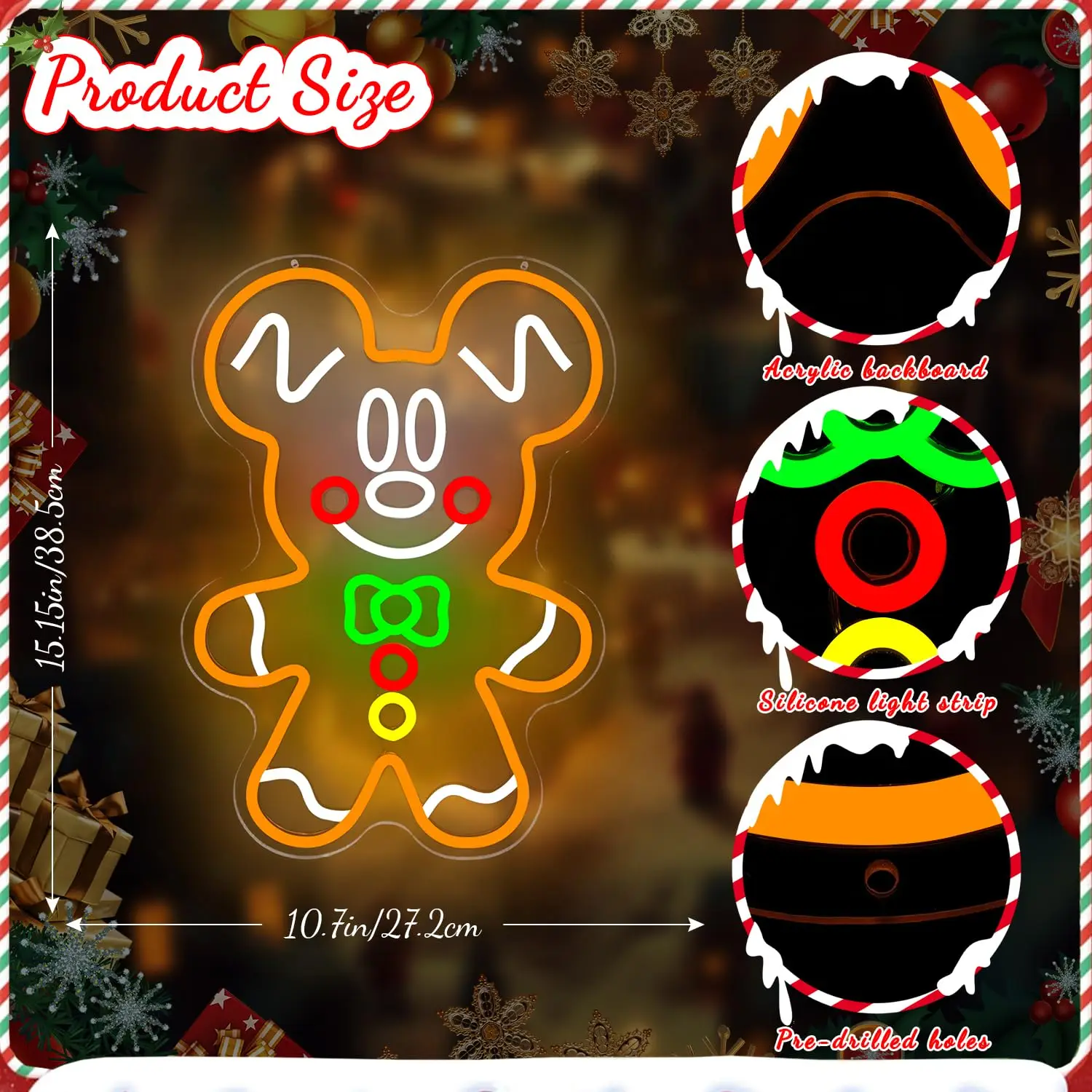 Gingerbread Man Neon Sign for Wall Decor Dimmable Switch Christmas Light Up Sign for Kids Bedroom Children Party Home Decor
