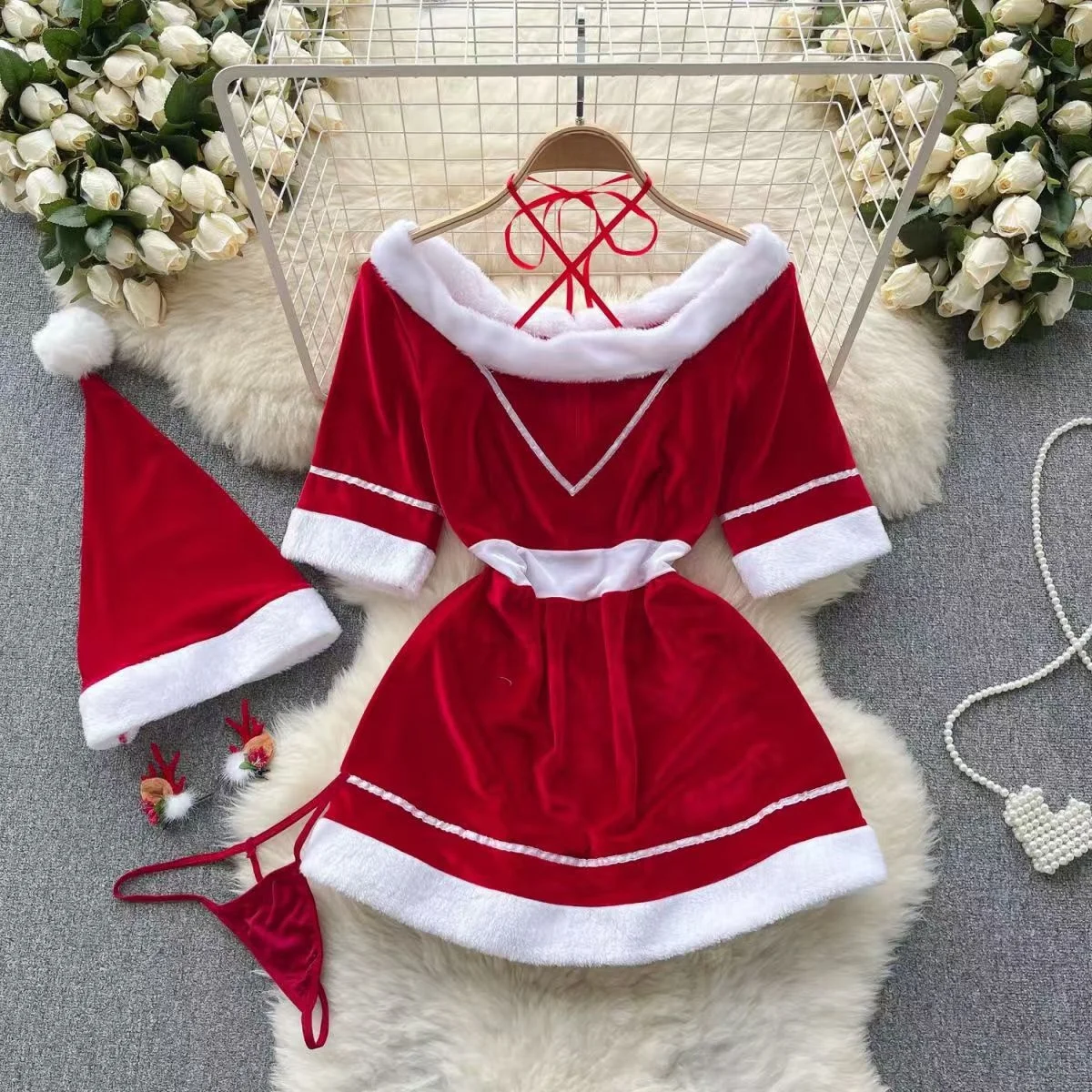 Christmas Cosplay Uniform Women\'s Sexy Short Sleeve Red Mini Dress Slim Halter Neck Slash Neck Erotic Ingerie Cute Sweet Pajamas