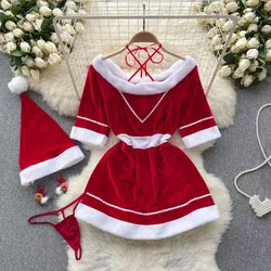 Christmas Cosplay Uniform Women's Sexy Short Sleeve Red Mini Dress Slim Halter Neck Slash Neck Erotic Ingerie Cute Sweet Pajamas