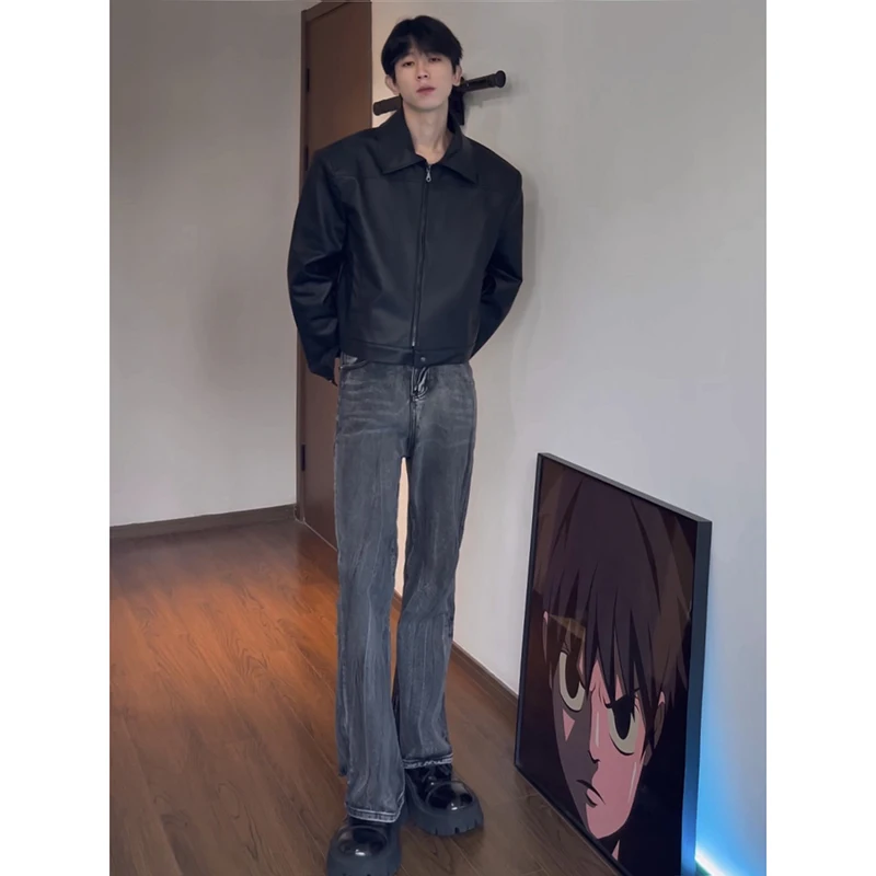 

Retro American Waed Men's Jeans Bla ey Loose Straight Leg Casual Pants Long Floor-Length Trousers Trendy Youth Cotton B...