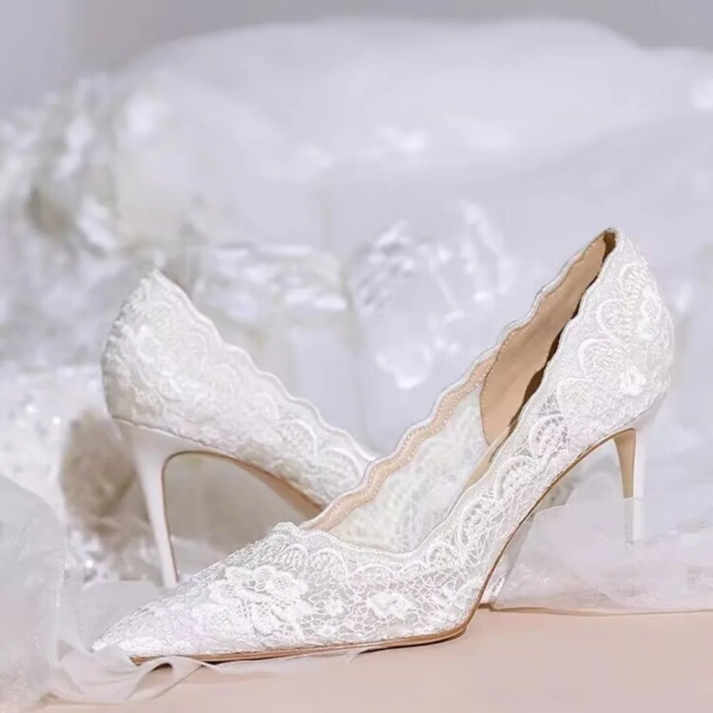 

2025 White Wedding Shoes Bridal Shoes Design Sense Niche Lace Pointed Stiletto Heel Shallow French High Heels Female Temperament