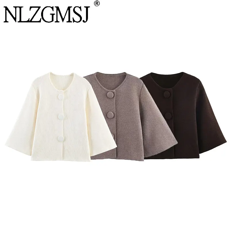 Nlzgsmj 2026 Damska Moda Brązowy Sweter z Dzianiny z Ozdobnymi Guzikami Vintage Krótkie Rękawy Swetry Damskie Casualowe Y2k