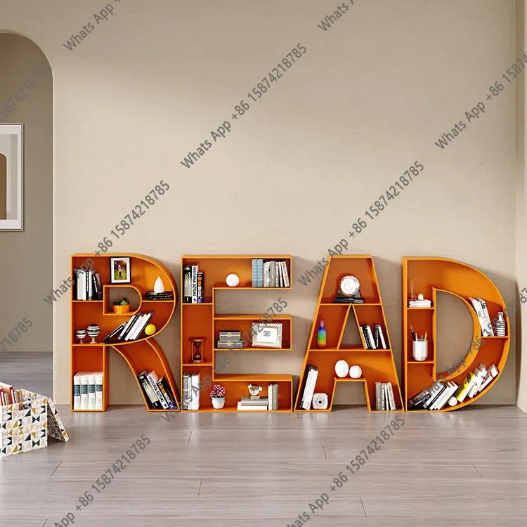 S64 Wrought Iron Letter Bookshelf Library Floor-to-ceiling Display Shelf School Chinese Characters Numbers English Wall Bookcase