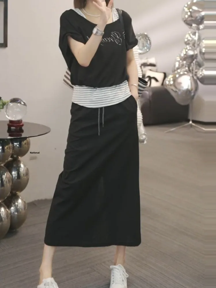 

Korean Style Fashion Set Women's Summer New Age Reduction Fake Two Pieces Letter T-shirt High Waist Sweat Skirt Two Pieces Se...