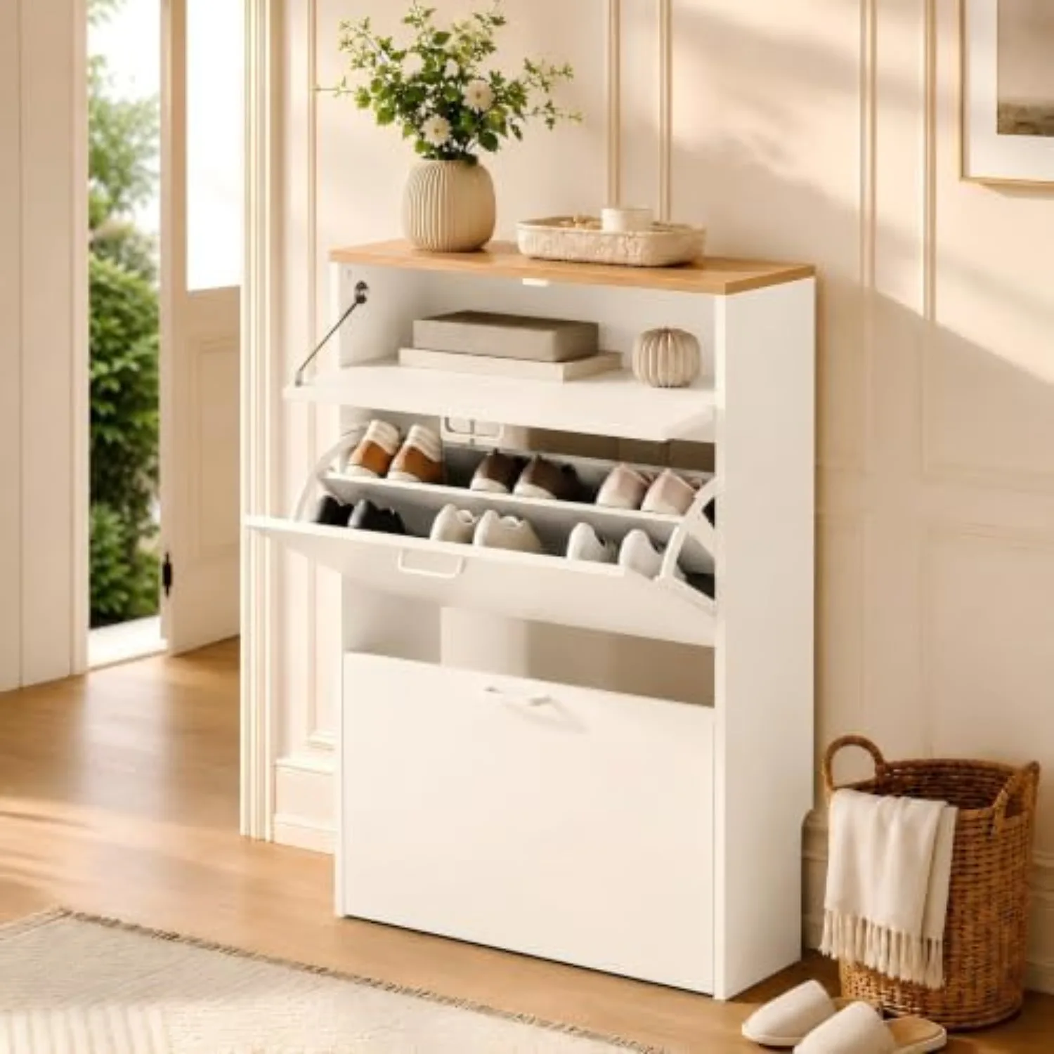 Shoe Cabinet Storage for Entryway,White Small Narrow Shoe Rack,25