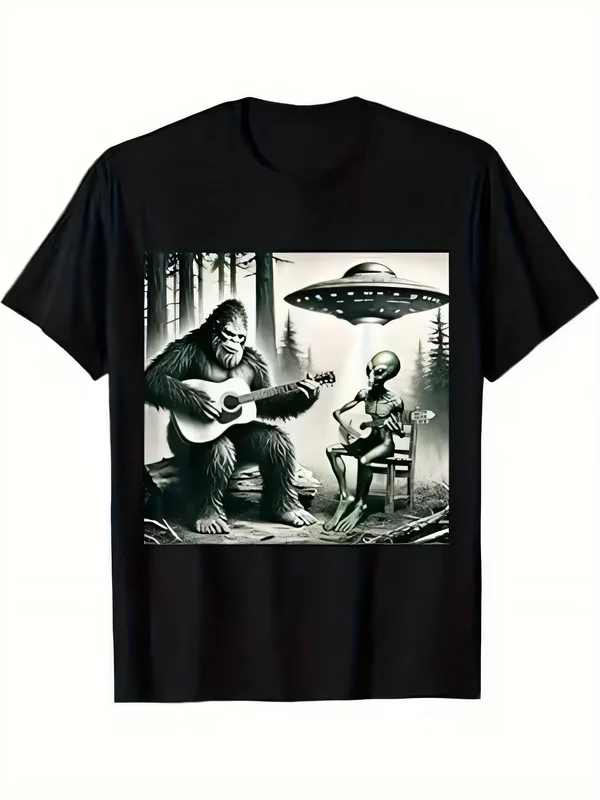 Bigfoot and Alien Jam Session Graphic T-Shirt, Funny Retro Sepia Tone UFO Forest Concert Print Short Sleeve Cotton Unisex Tee