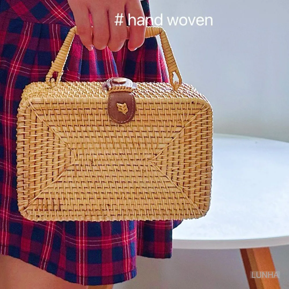 Women's Top-handle Handbags Rattan Woven Rectangle Basket Make-up Cosmetic Organizer Bags Handcraft Small Case Bag Retro Design