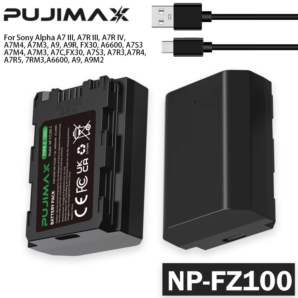 PUJIMAX NP-FZ100 NP FZ100 NPFZ100 Battery with Type-C Cable for Sony A7 III Alpha A7R III A7R IV A7M4 A7M3 A9 A9R FX30 A6600 A7S