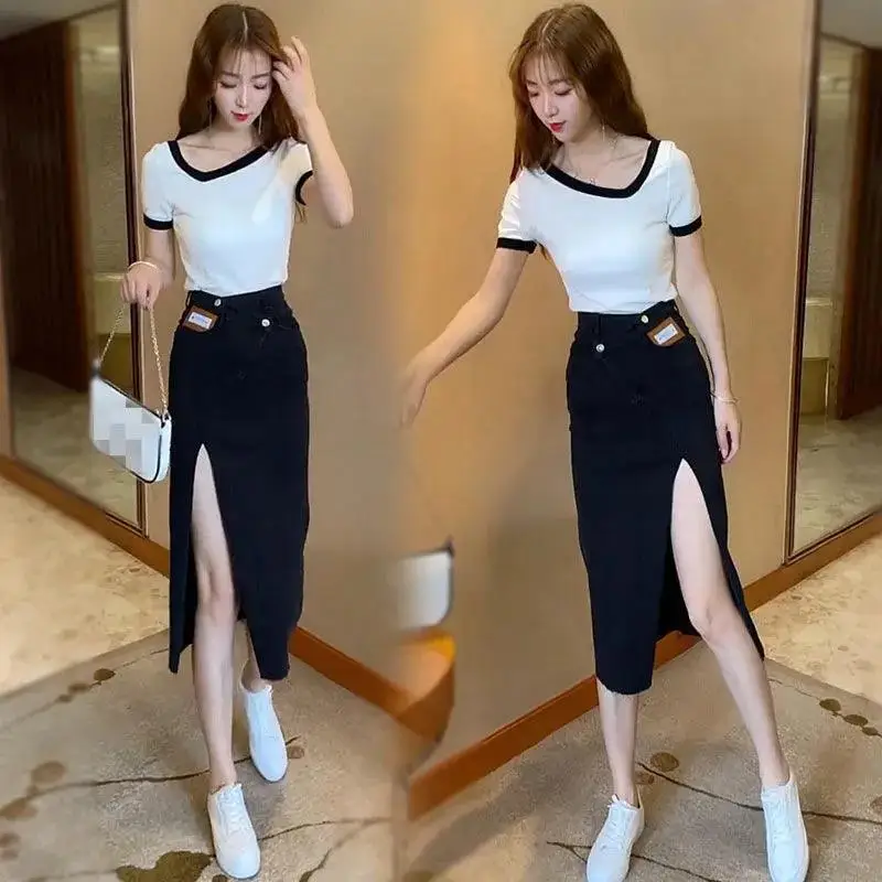 

High Waist Midi Length Denim Skirt Pure Color Wrap Body Trendy Split Design Summer 2023 Versatile Slimming Effect