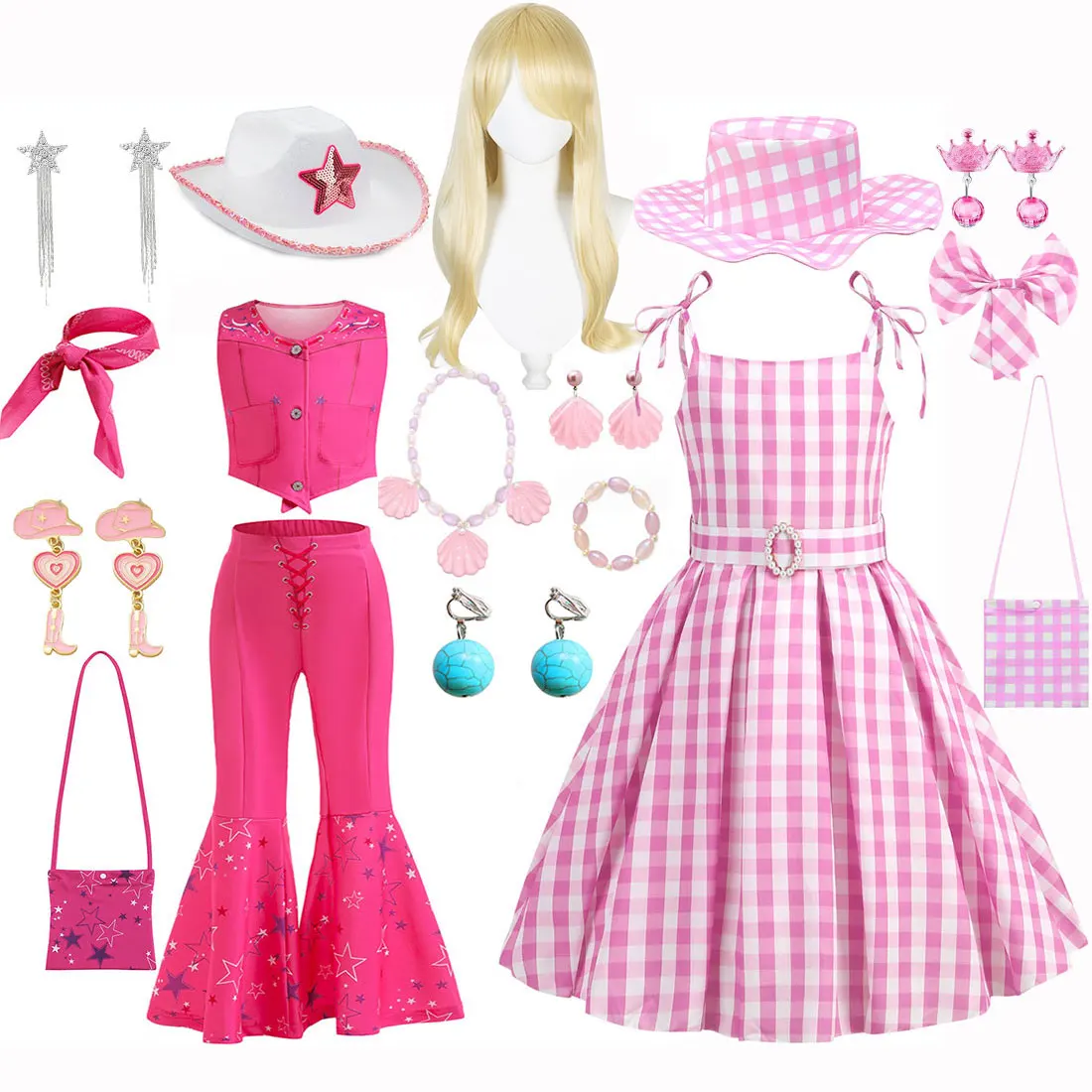 Barbi Hot Movie Margot Robbie Rollenspiel Baby Rosa Kleid Mädchen Cowboy Look Kleid Sommer Ärmelloses Plaid Schlankes Trägerkleid Set