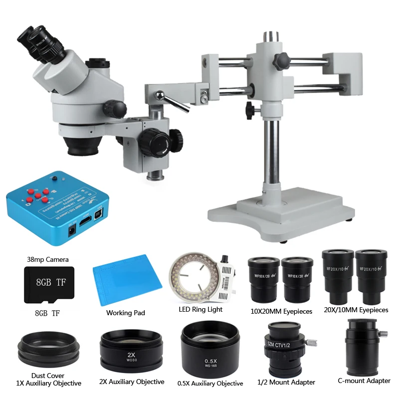 3.5X-180X Double Arms Simul Focal Trinocular Stereo Microscope 38MP HDMI USB Microscopio Camera for Soldering PCB Phone Repair