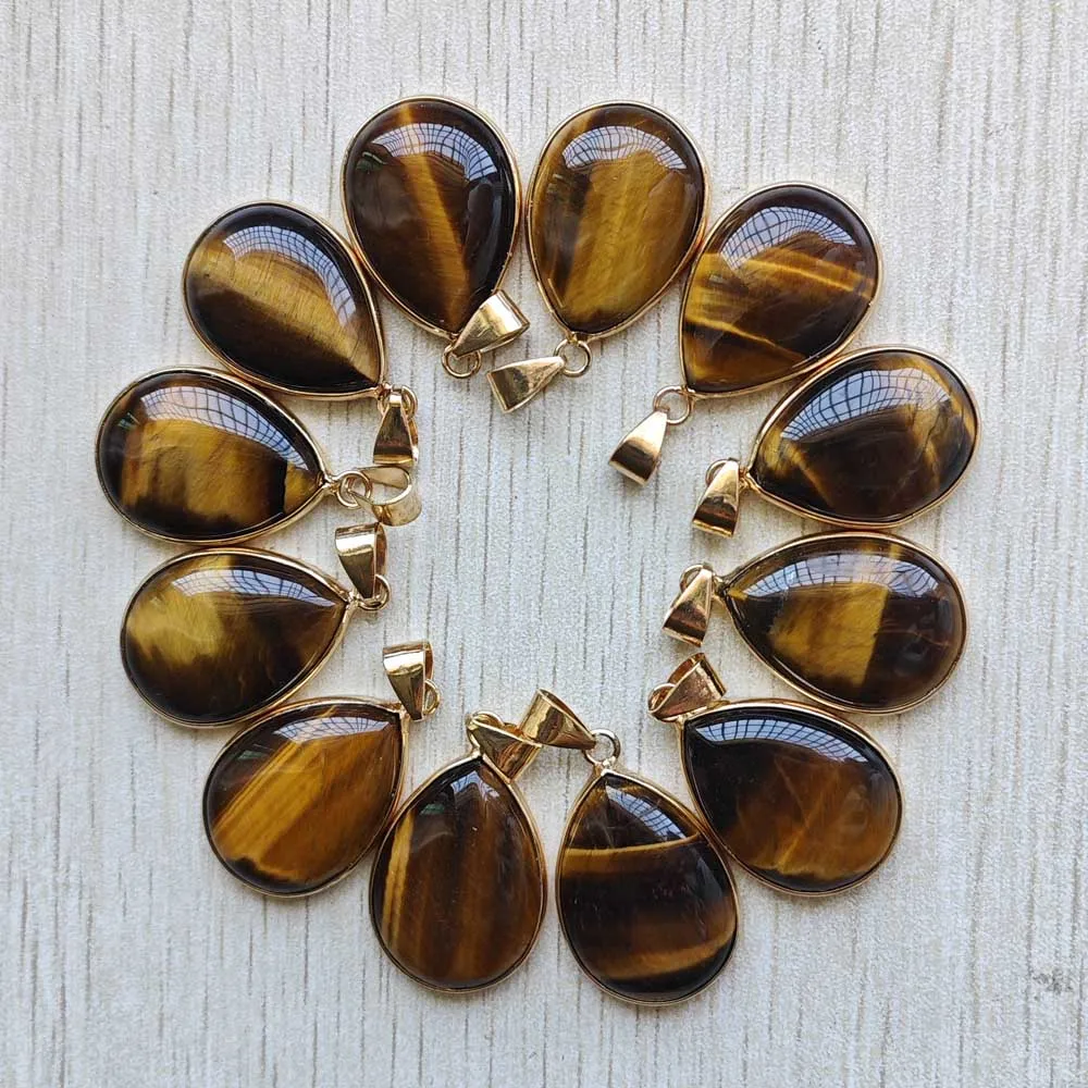 12pcs Good Quality Natural Tiger's eye stone gold-plate side water drop pendants for jewelry making fast shipping Wholesale