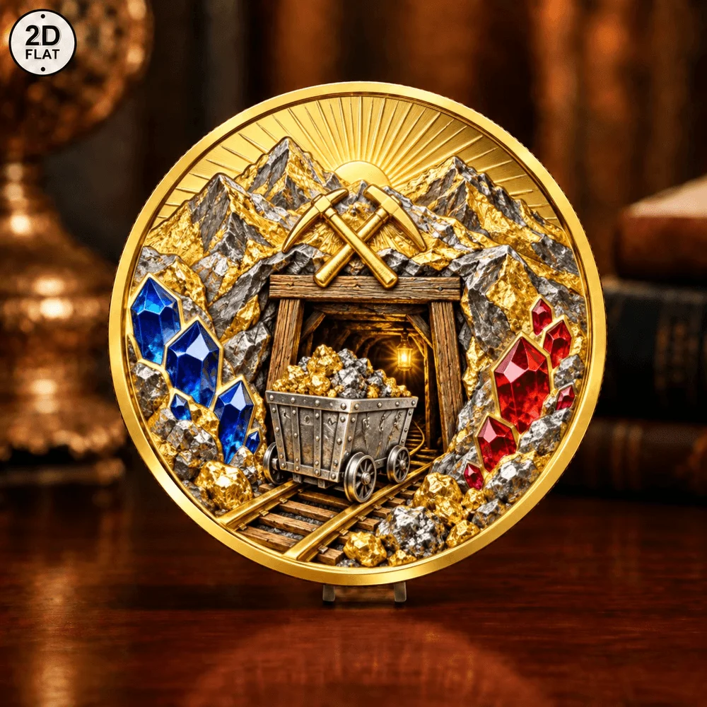 1pc Fantasy Dwarf Miner Metal Challenge Coin UV Color Print Axe Treasure Mine Cart Gemstone Commemorative Token Keepsake Gifts