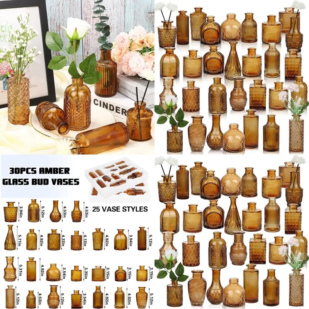 

Набор из 30 мини-ваз из янтарного стекла в винтажном стиле для оптовых свадебных композиций и домашнего декора