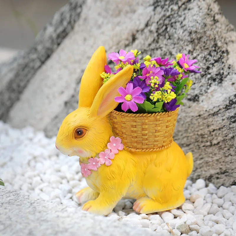 Rabbit Flowerpot Resin Process Rabbit Ornament With Back Basket Outdoor Decoration For Courtyard Garden