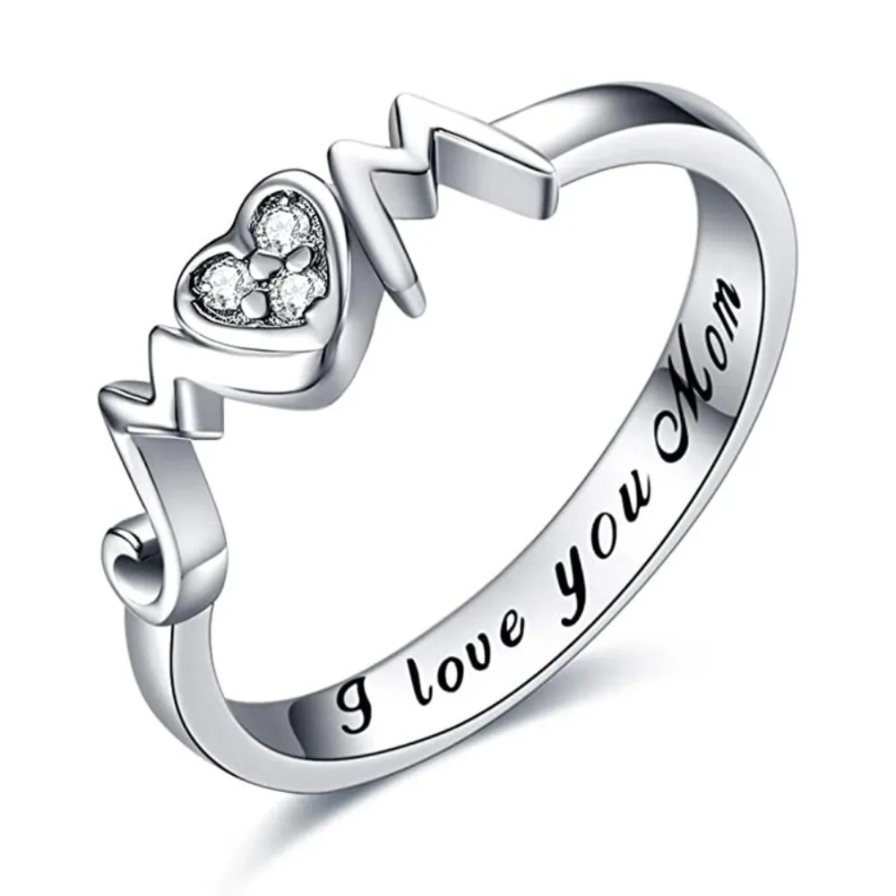 I Love You Mom Engraved Ring Heartbeat Curve Heart Inlay 5A Zircon Silver Tone Ring for Women Mothers Day Gift for Mom Jewelry