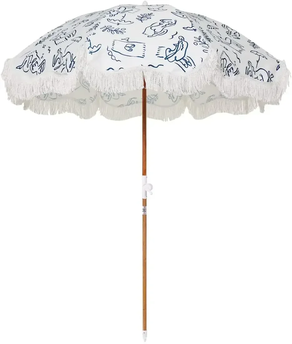 

Holiday Umbrella - Boho Beach Umbrella with White Fringe, UPF 50+, 1" Tilting Wood Pole, 5’ x 6.5’, Le Basque Navy