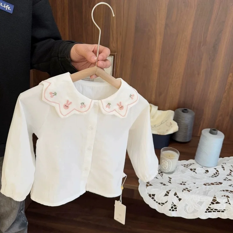 

Cute Embroidered Collar Shirt for Girls, Spring 2026 New Korean Edition, Skin Friendly Pure Cotton Shirt for Girls Aged 2-8