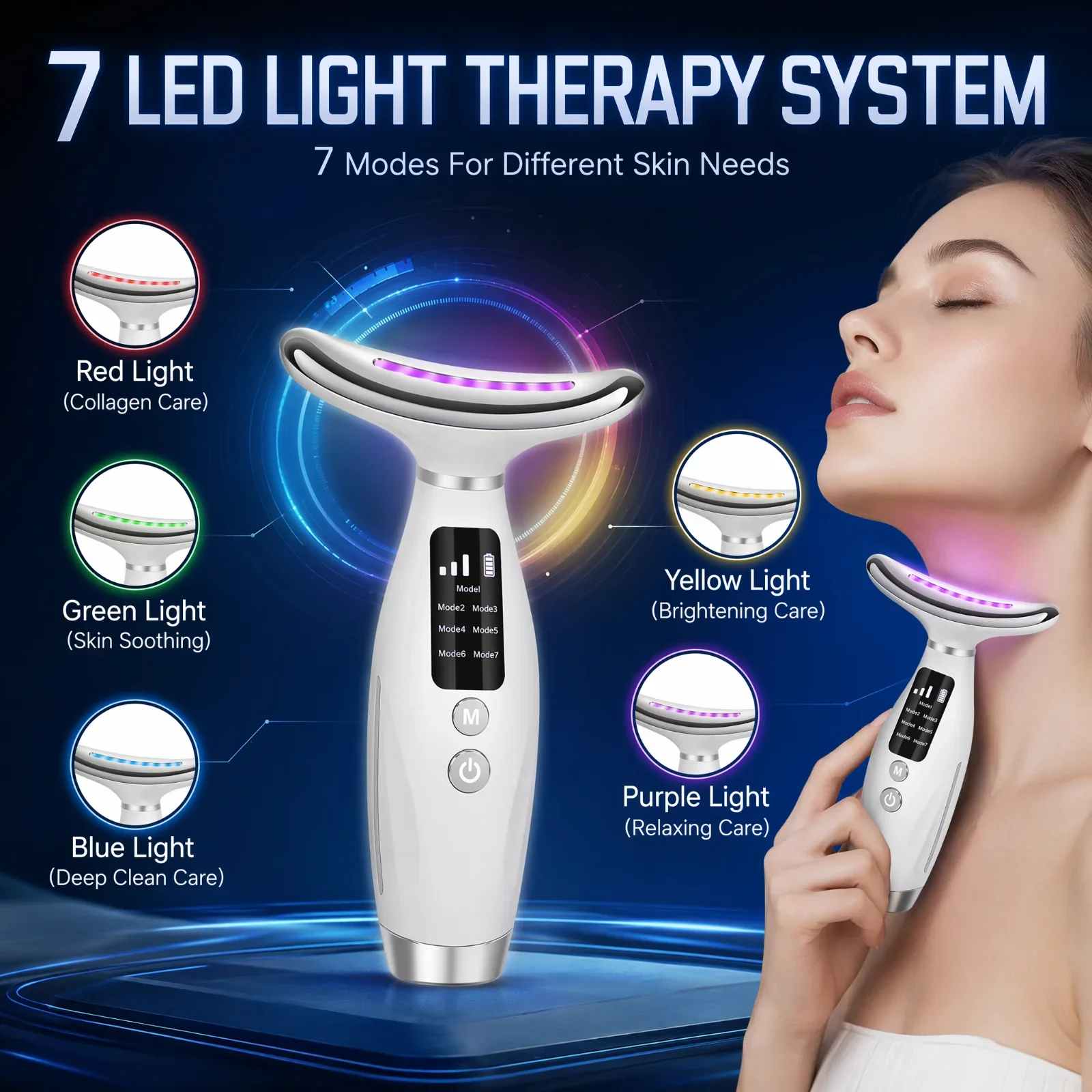 7Color LED Neck Beauty Device Micro Current Facial Massager Heat Therapy Neck Lifting Skin Care Tool Portable Anti Aging Machine