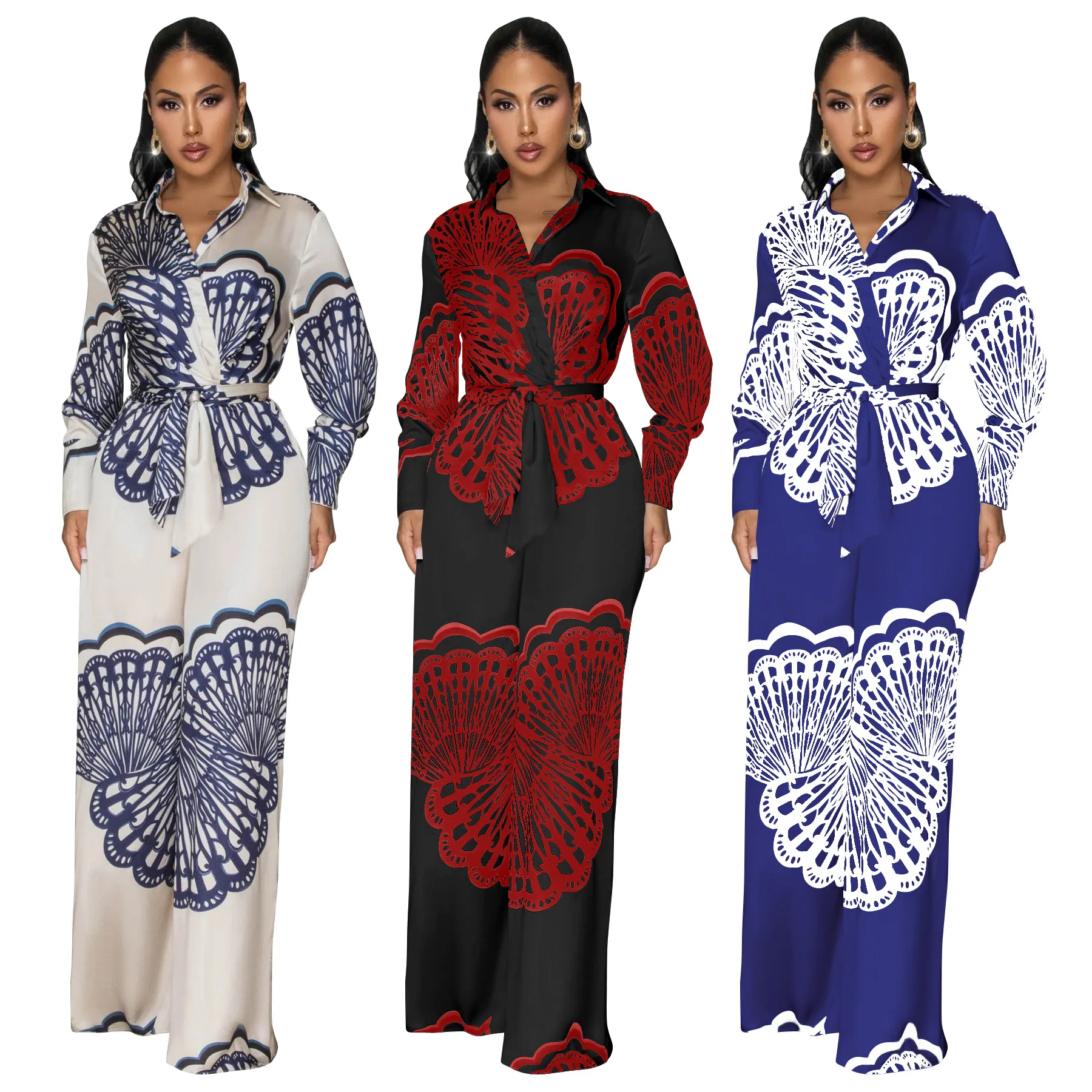 

Women Long Sleeve Print Belt Wide Leg Long Jumpsuits 2025 Fall Winter Party Beach Fashion Street Sexy Outfit Rompers