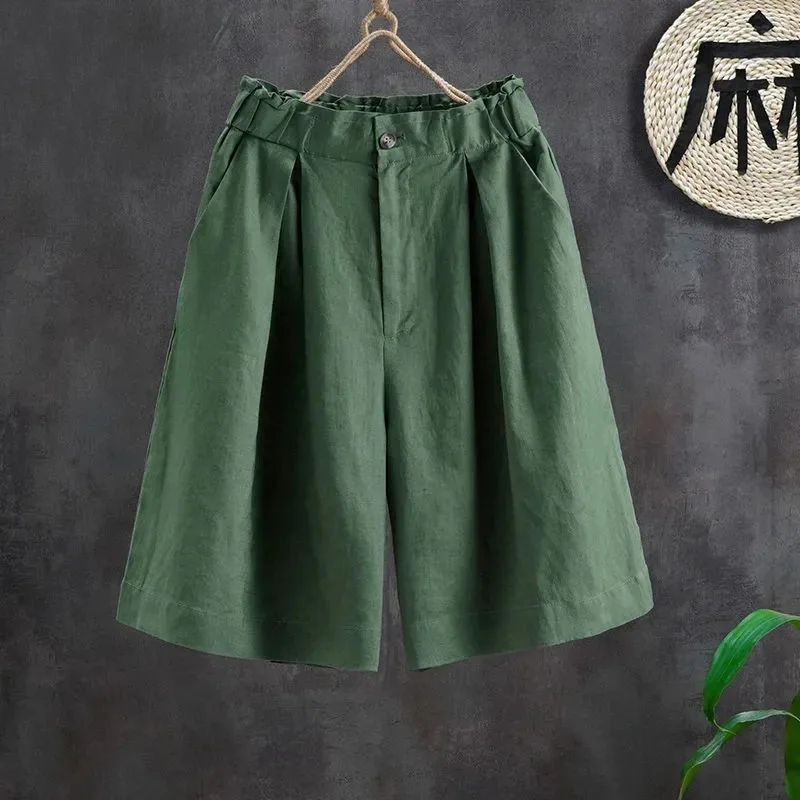

Women's Cotton Linen High Waist Wide Leg Shorts Loose Casual Chinese Style Summer Trousers