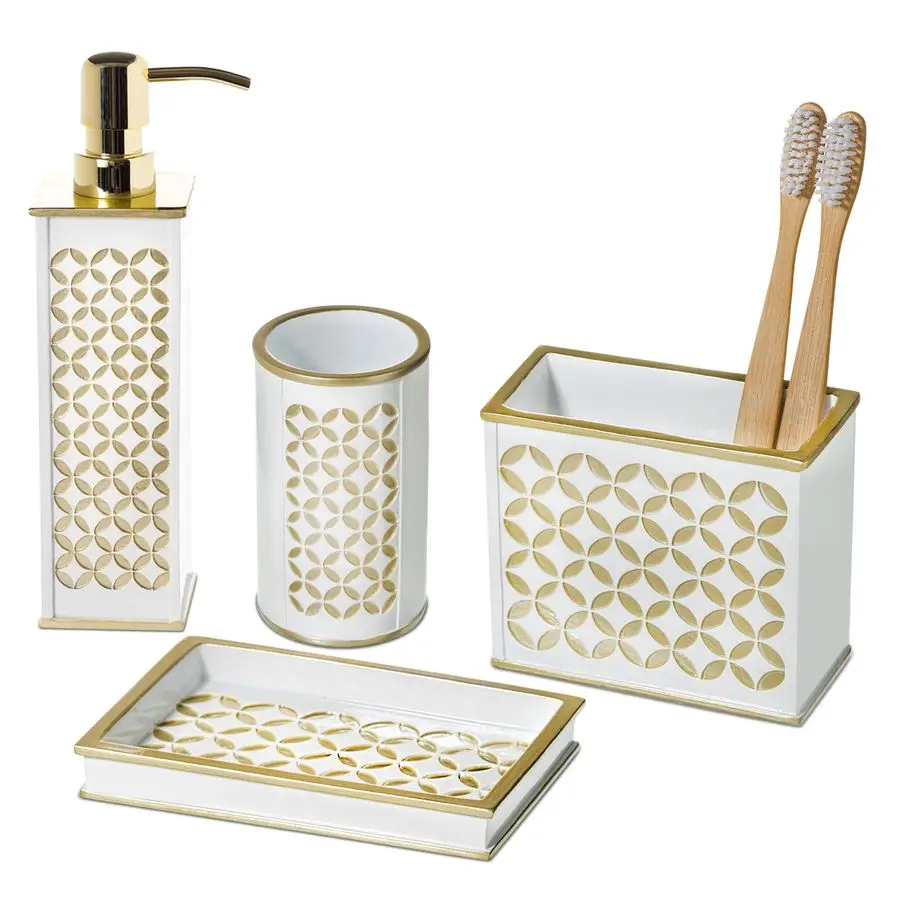 

Diamond Lattice White Bathroom Accessories Set Decorative 4 Piece Bathroom Accessory Set Includes Soap Dispenser, Toothbrush Hol