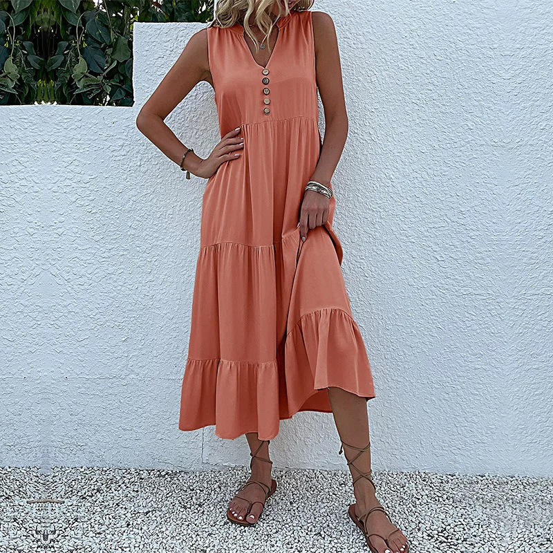Casual Sommer frauen Lange Kleid Für Strand Ärmellose Tank V-ausschnitt Tasten Elegante Lose Maxi Kleider Soild Sommerkleid Weibliche