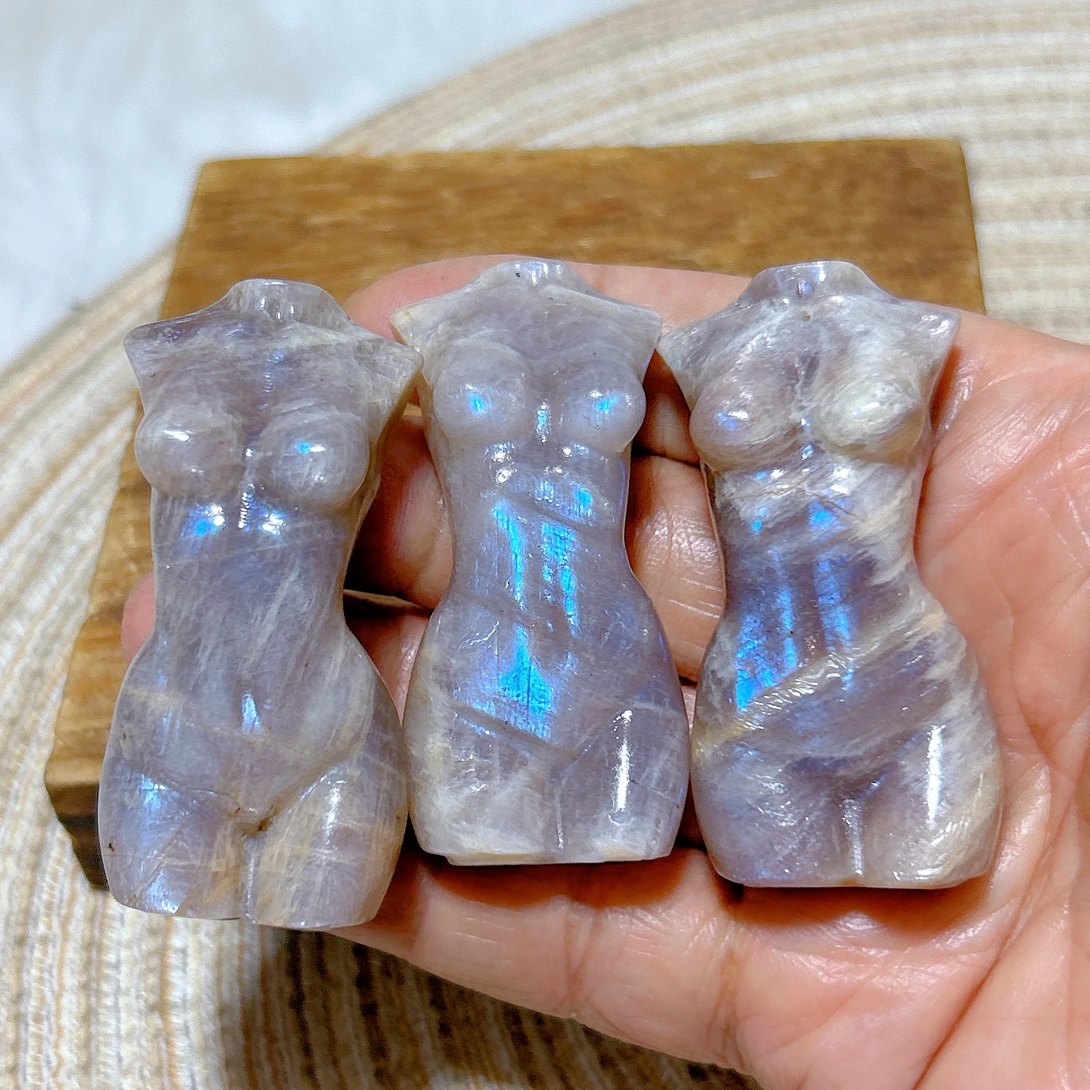 Healing Natural Crystal Blue Flashy Moonstone With Sunstone Goddess Body Carving Energy Gemstone Home Decorations Gift