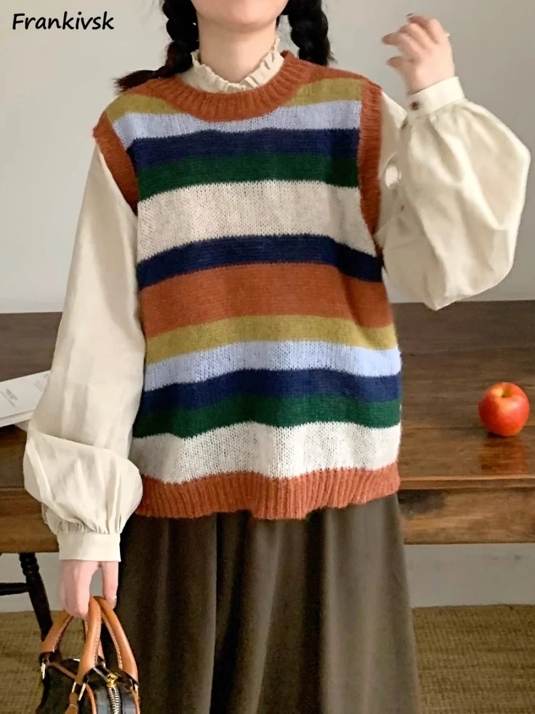 

Vintage Sweater Vests Women Sleeveless Knitting Striped Colorful Girlish Daily Prevalent Baggy American Style Slouchy Youthful