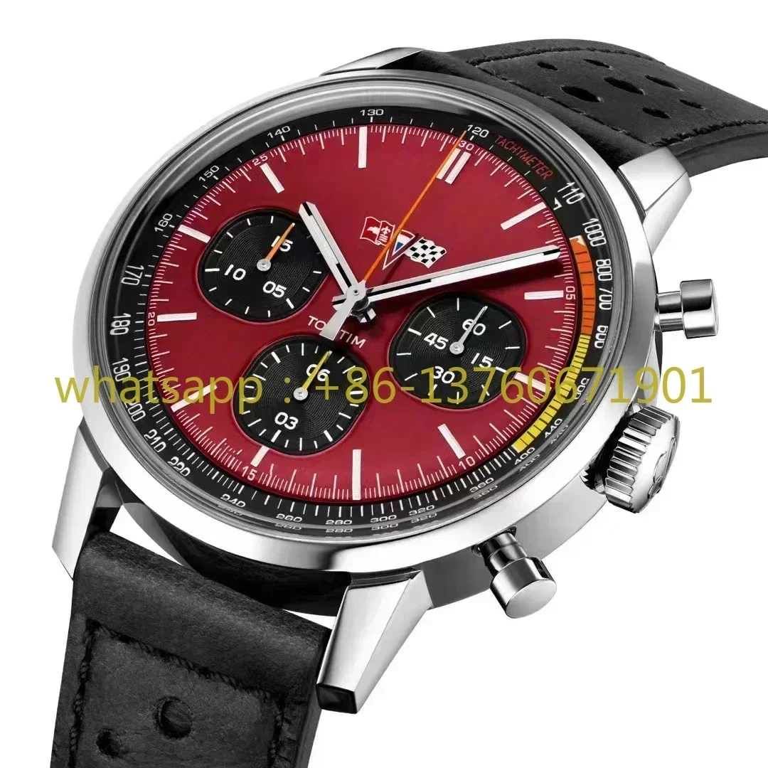 2023 Luxury New Mens Quartz Chronograph Watch Stainless Steel Brown Leather Sapphire Green Red Dial