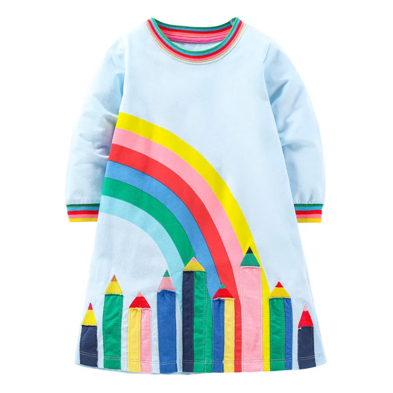 Jumping Meters School Wear Girls Princess Dresses With Rainbow Pencil Applique Fashion Hot Selling Toddler Costume Kids Frocks