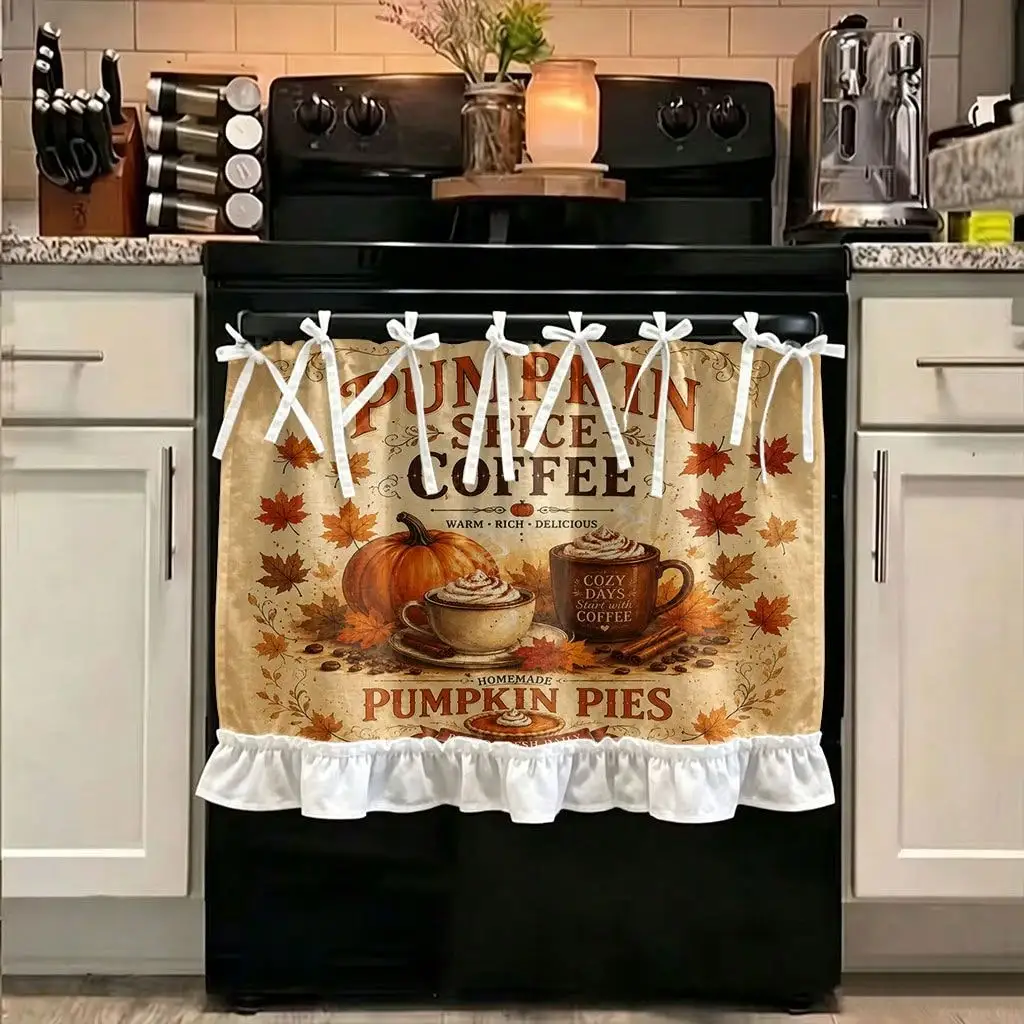 2D Flat - 1pc Farmhouse Retro Kitchen Stove Oven Valance Curtain Skirt, 2D Flat Pumpkin Spice Coffee Autumn Leaves Dishwasher Microwave Cabinet Kitchen Sink Multi-Functional Protective Curtain, Kitchen Decoration, Perfect Holiday Gift