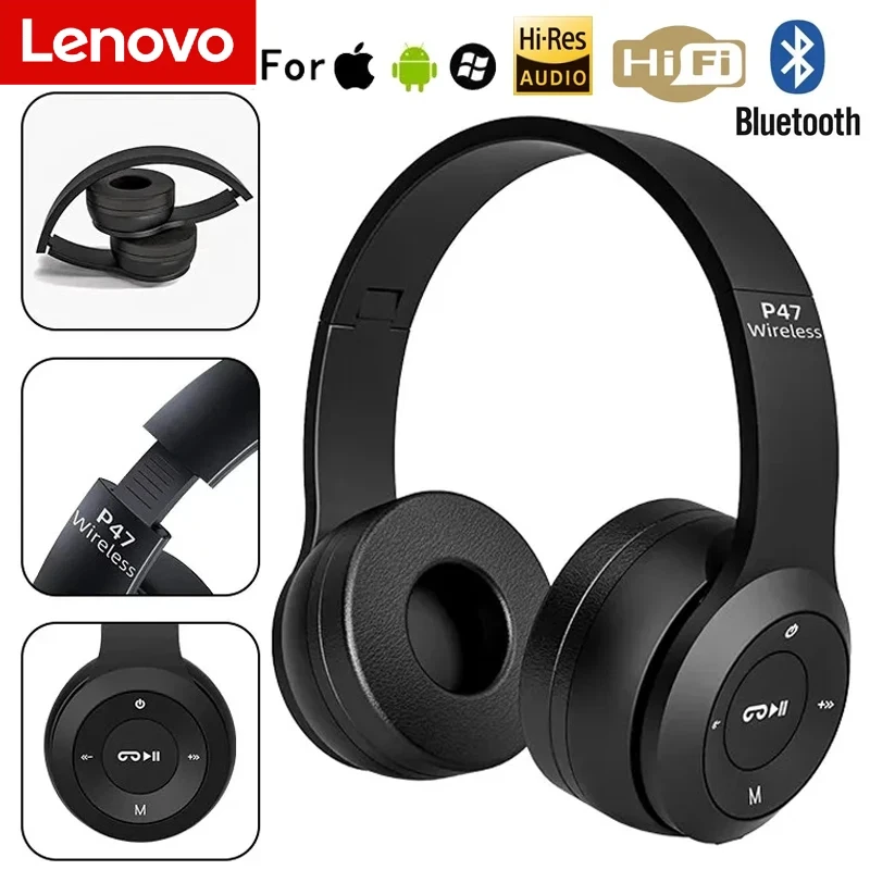Fone de ouvido multifuncional portátil dobrável Lenovo, sem fio, bluetooth 5.0, para conexão bluetooth, conexão com fio