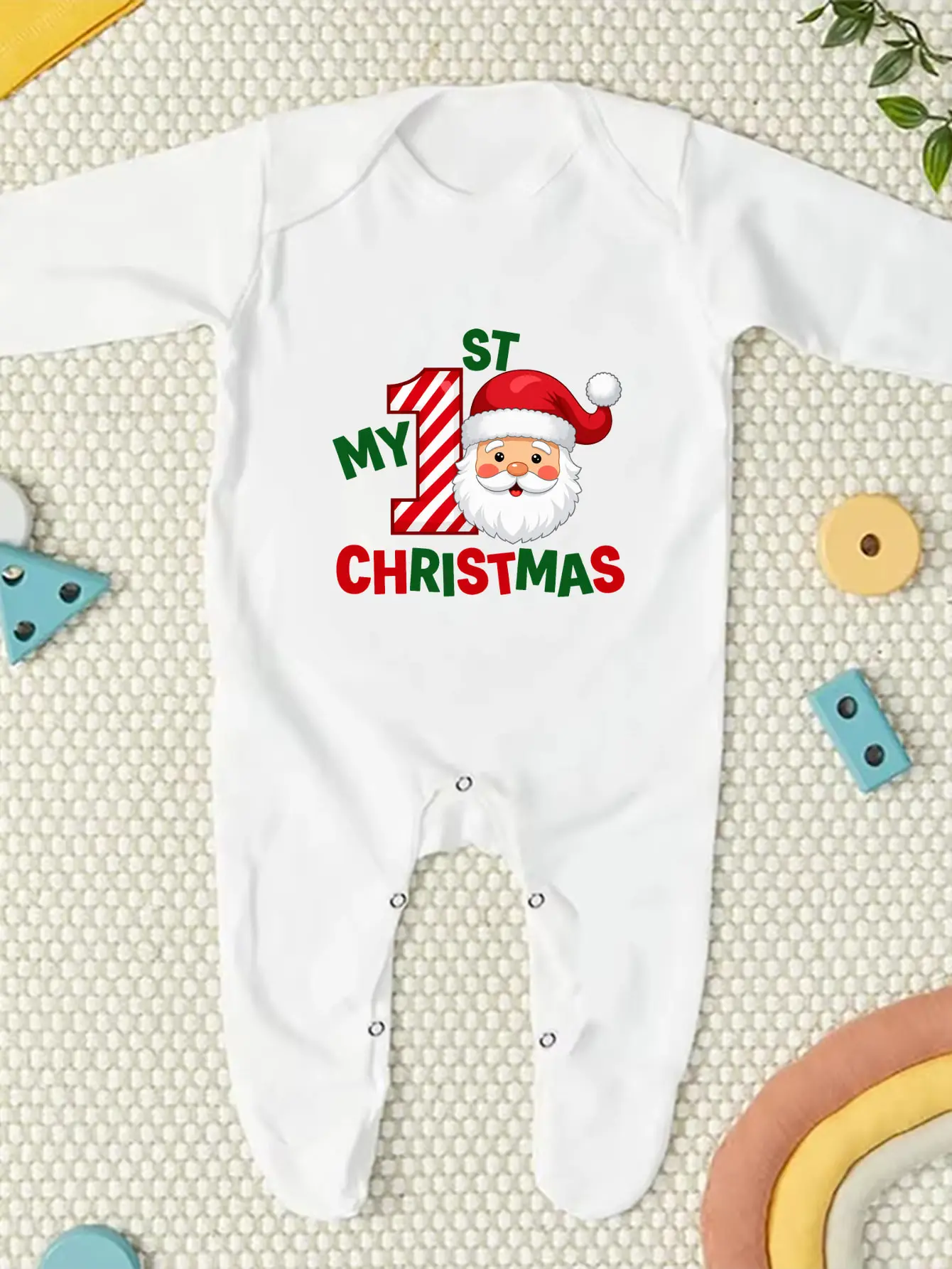 My First Christmas Baby Footed Romper Santa Claus Print Long Sleeve Newborn Jumpsuit Infant Christmas Outfit Gift