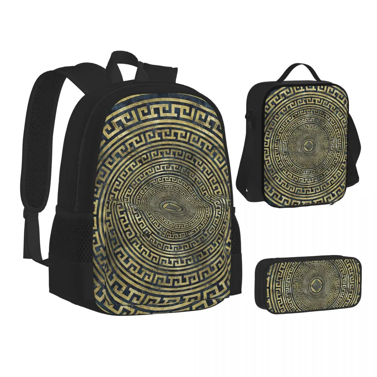 

Greek Keys Meander Gold On Black Backpacks Boys Girls Bookbag School Bags Kids Rucksack Lunch Bag Pen Bag Three-Piece Set