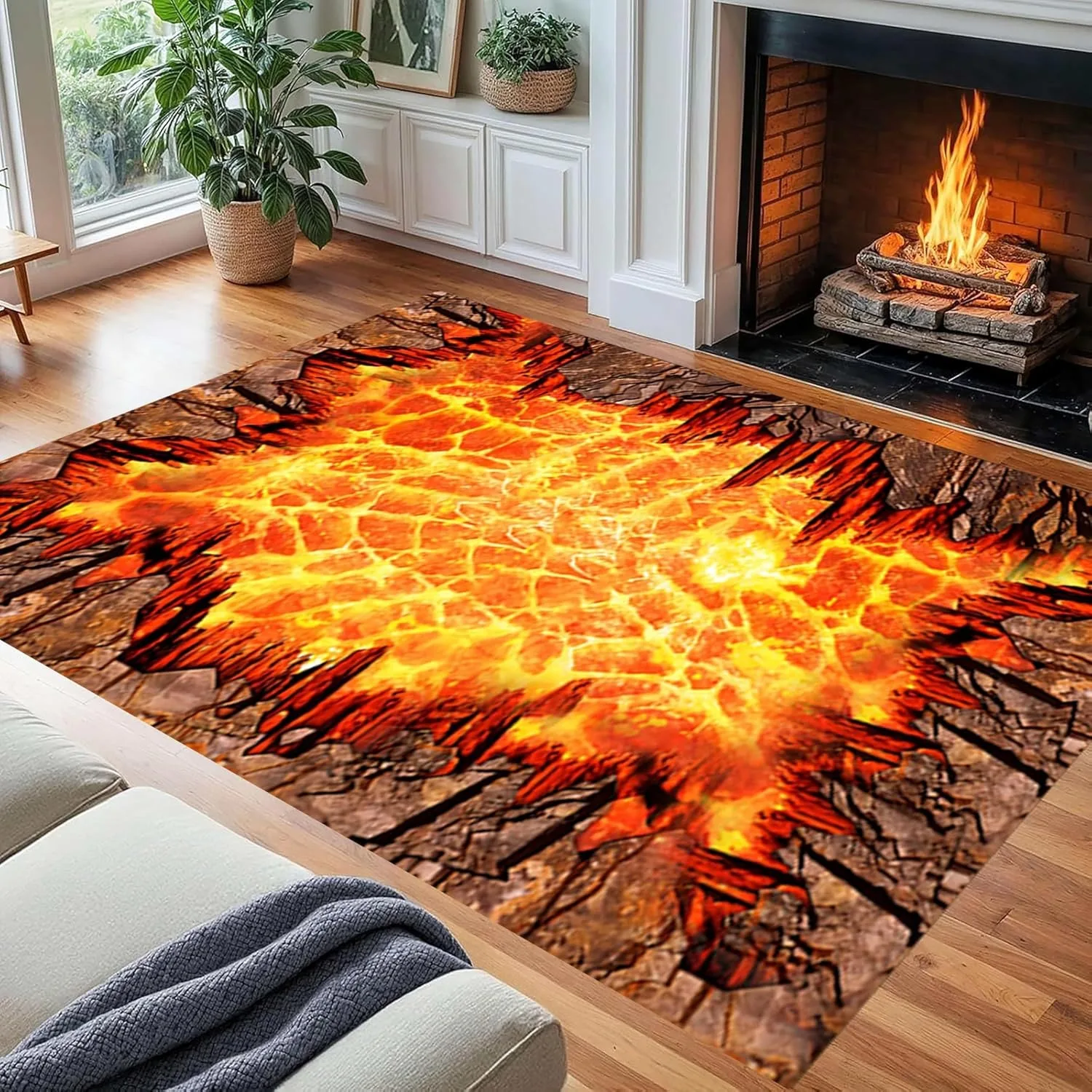 3D Landscape Area Rug,Trippy Thrilling Suspension Bridge Flame Lava Illusion Rug, Abstract Floor Mat Indoor Carpet for Bedroom