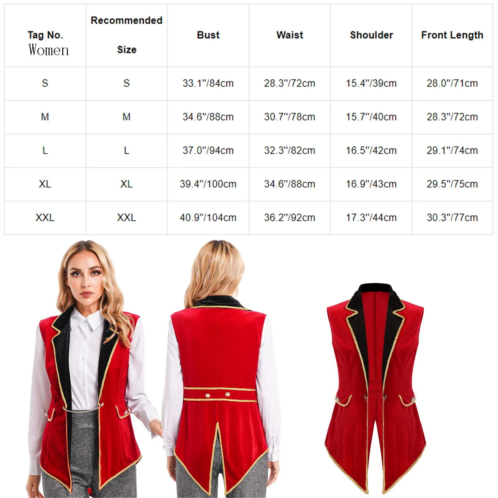 Womens Halloween Showman Wizard Cosplay Costume Circus Ringmaster Tailcoat Lapel Sleeveless Red Velvet Vintage Jacket Outerwear