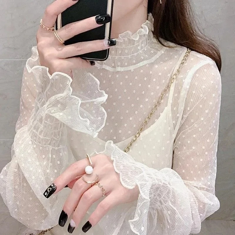 Women's Black Lace Flared Sleeve Slim Fit T-Shirt Long Sleeve round Neck Base Shirt Fashion Kimono Bottoming Top for Mujer
