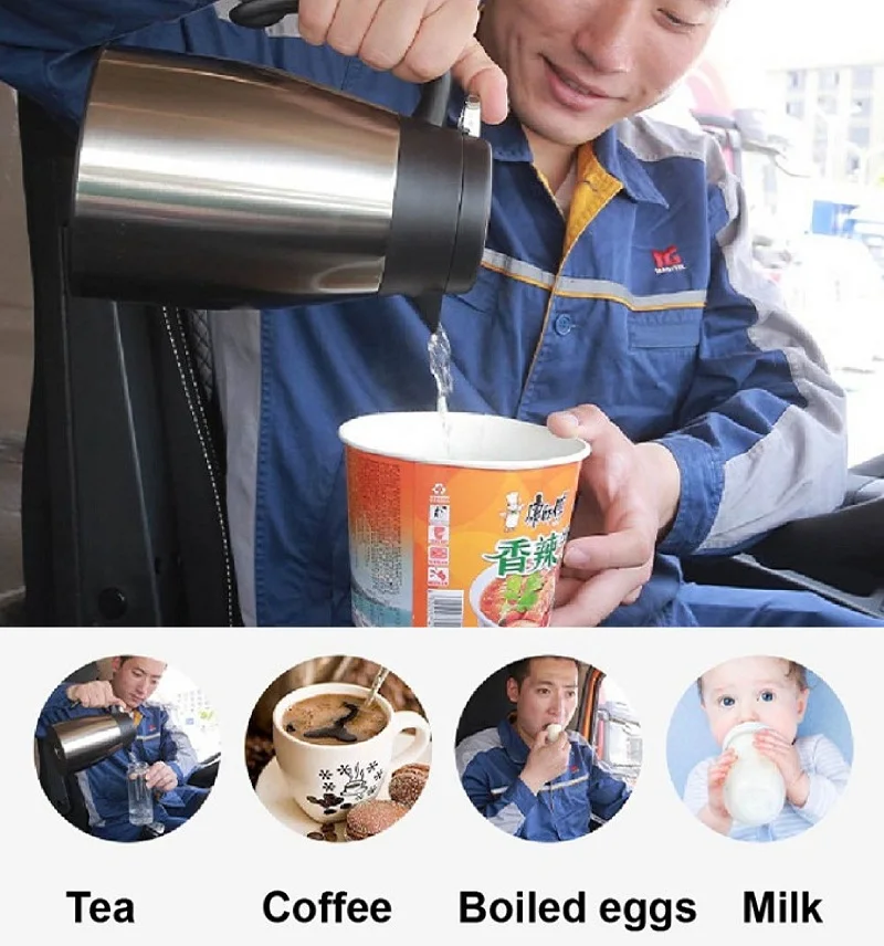 Chaleira elétrica portátil para carro, 12v/24v, bule, caminhão, aço inoxidável 304, aquecedor de água fervente com isqueiro