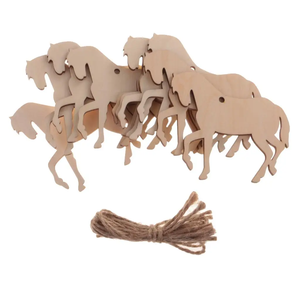 Embellissements de confrontation en forme de cheval découpés en bois naturel, ornements de fêtes, mariage, décor d'arbre de Noël, T inclus, 10 pièces