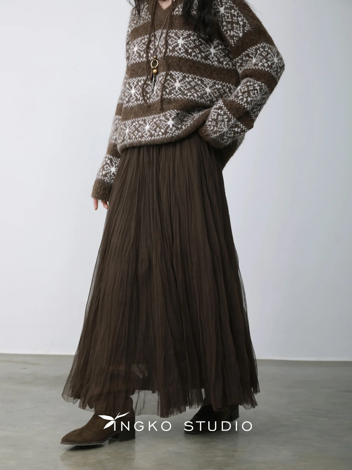 

INGKO round Missing Mist Coffee Crepe Skirt Ci Commuting Daily Leisure Date A-Line Skirt Polyester Fiber Gathered Skirt