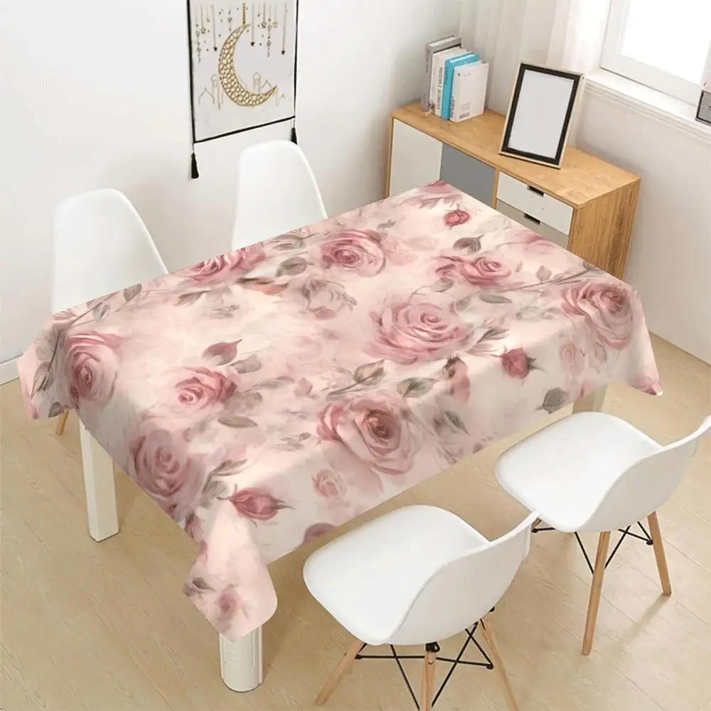 Pink Rose Tablecloth, Light Pink Background With Romantic Floral Pattern,Waterproof Table Cover for Daily Meals & Home Party Use