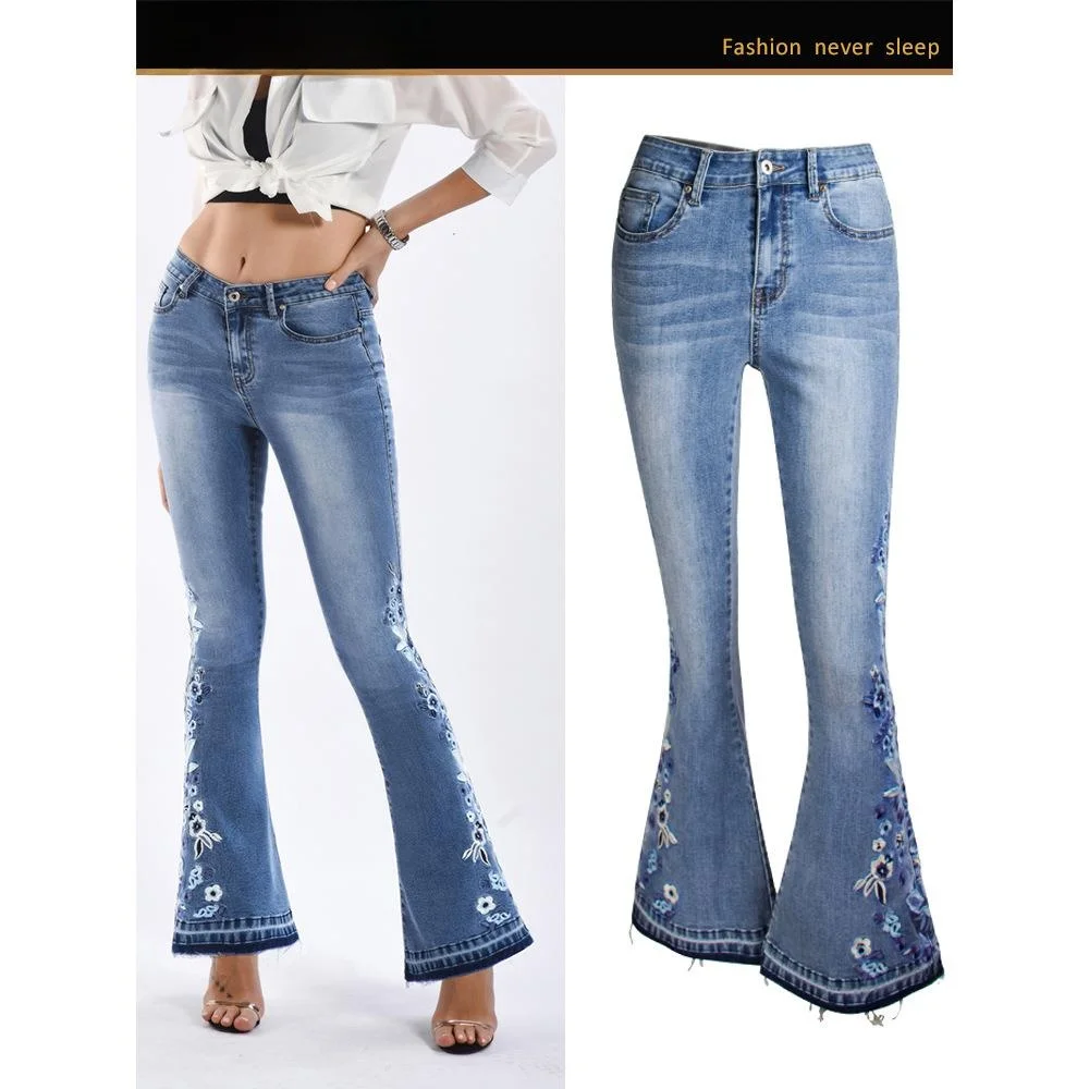 

Женские джинсы-клеш с вышивкой, средней эластичности, с естественной талией, машинная вышивка, привлекательные женские брюки