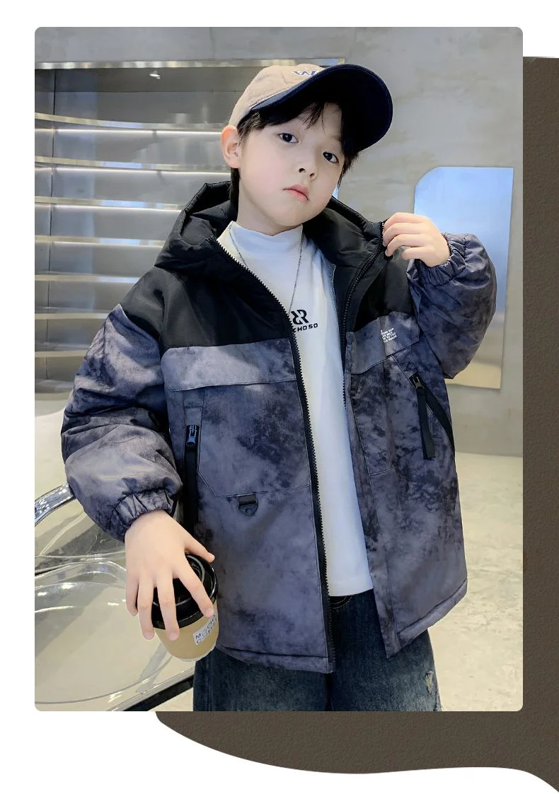 Winter Warm Boys Contrast Patchwork Cotton Lined Hooded Zip Jackets Velvet Kids Thick Coats Children Outfits Windbreaker 5-14 Y