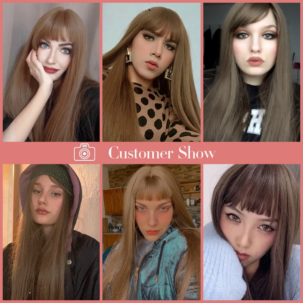 Synthetic Wig With Bangs Long Straight  Brown/Linen Color Lolita Anime Cosplay Party Daily Wigs For Women High Temperature Fiber