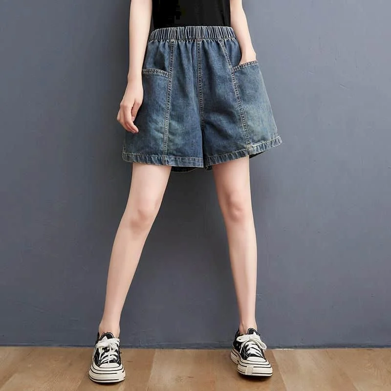 Denim Shorts for Women Distress 2026 Summer Wear Vintage Elastic Waist Wide Leg Pants Casual Loose A-line Jeans Women Clothing