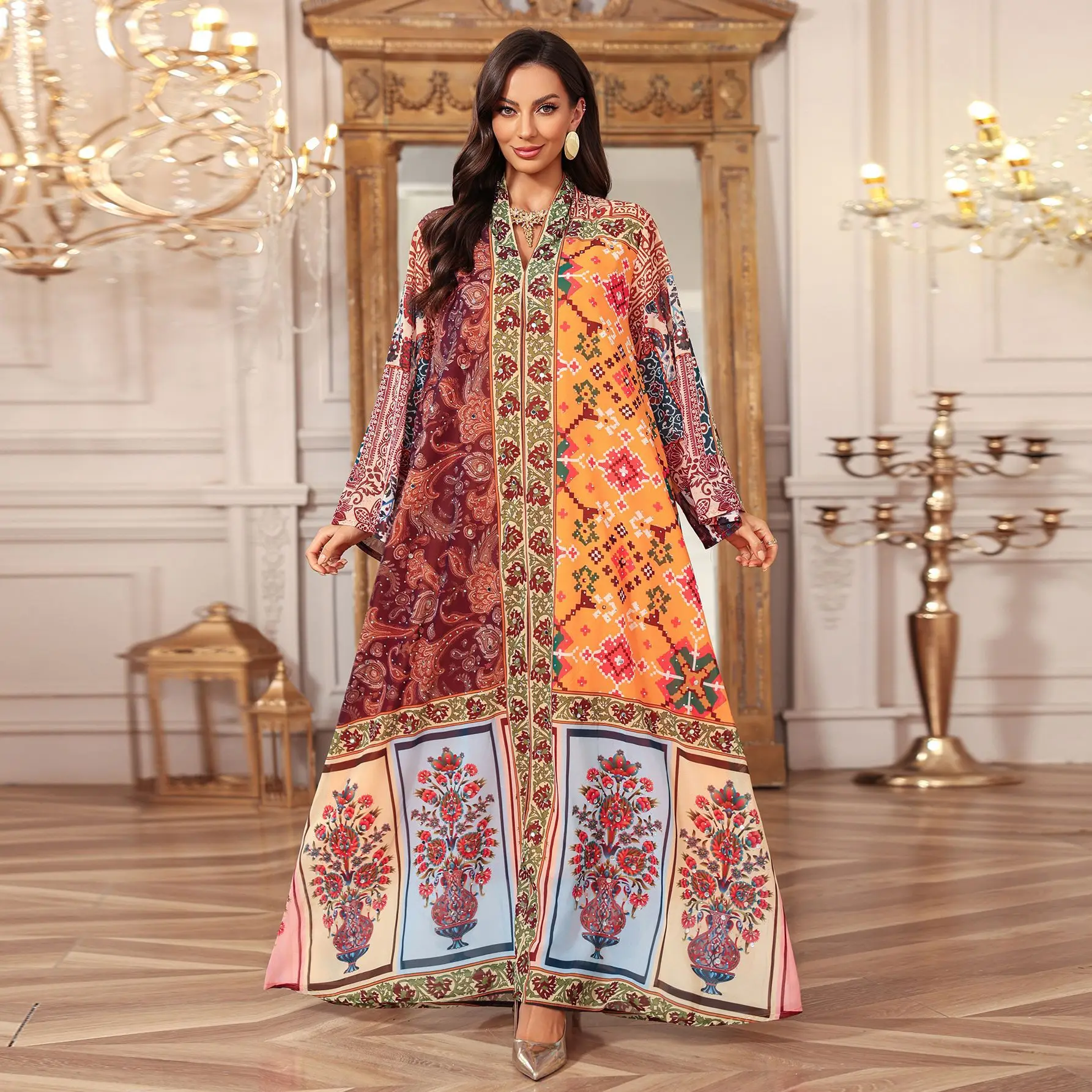 Abaja Damska Sukienka na Eid Muzułmańska z Nadrukiem Diamentowa Dubaj Turcja Długa Sukienka Vestidos Largos Ramadan Maroko Kaftan do Modlitwy Szata Abaje