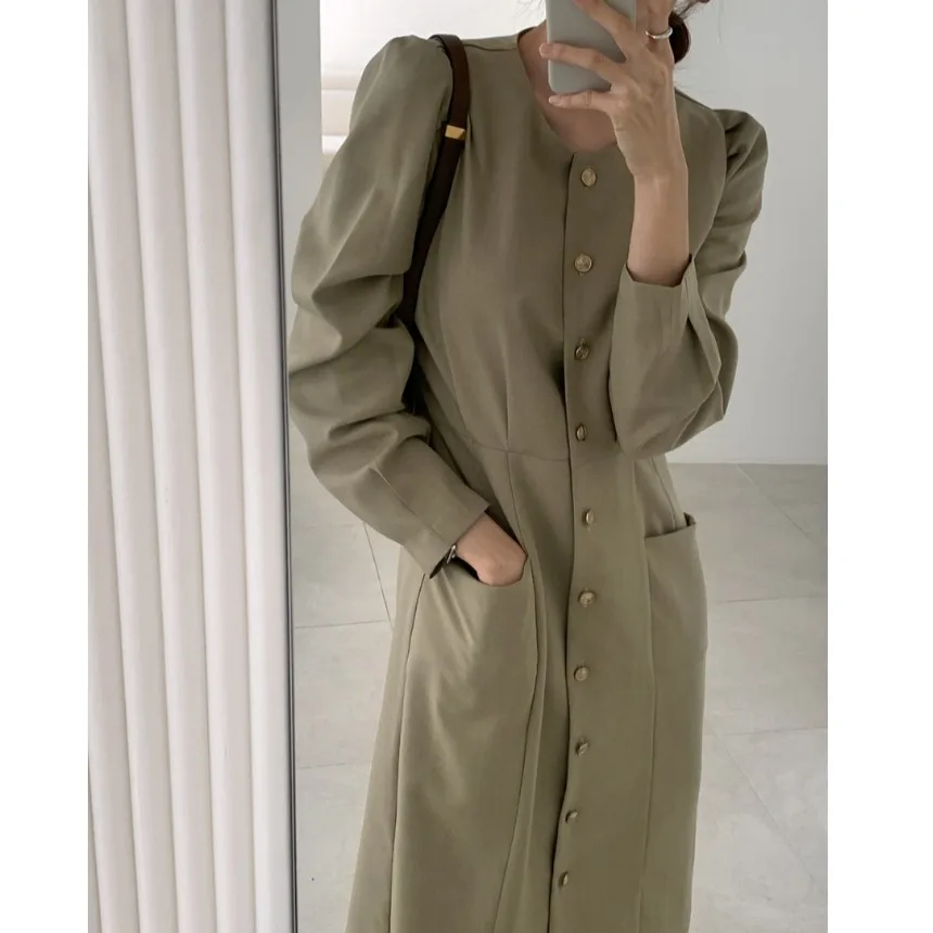 Chic Bubble Sleeve Slimming Single Button Midi Dress Korean Style Women's Fashion Commute mid Waist Long Sleeve Dress